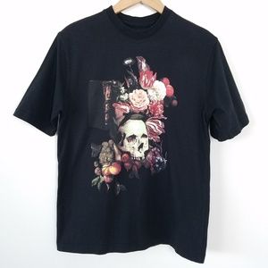 Akoo Tshirt With Skull, Flower, And Book Graphic